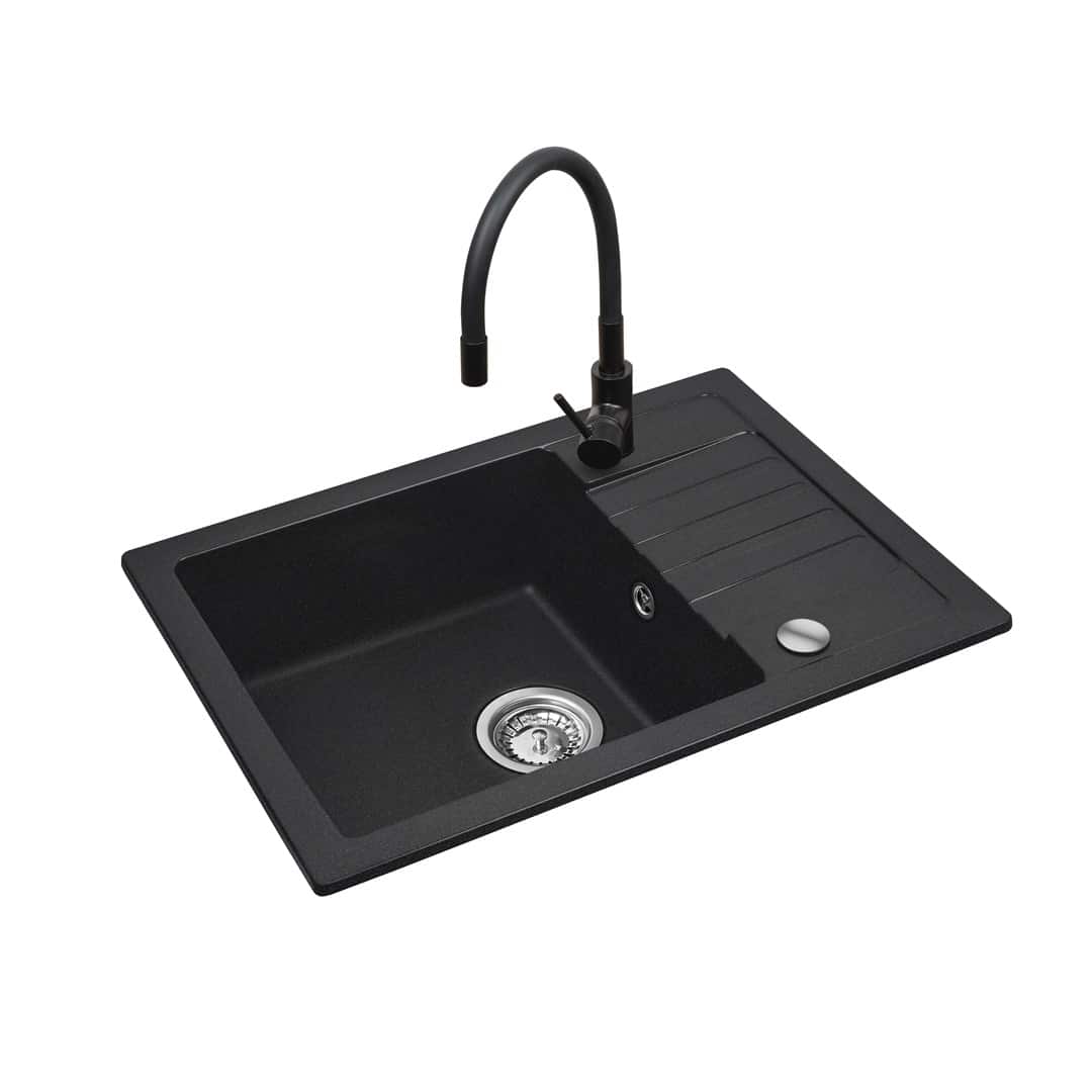 Czarny zestaw zlewozmywak z baterią giętką - zlew MAIDSINKS BALI (62x44) 1B1D czarny + bateria Flessi Black Edition czarna — zdjęcie 1 z 5