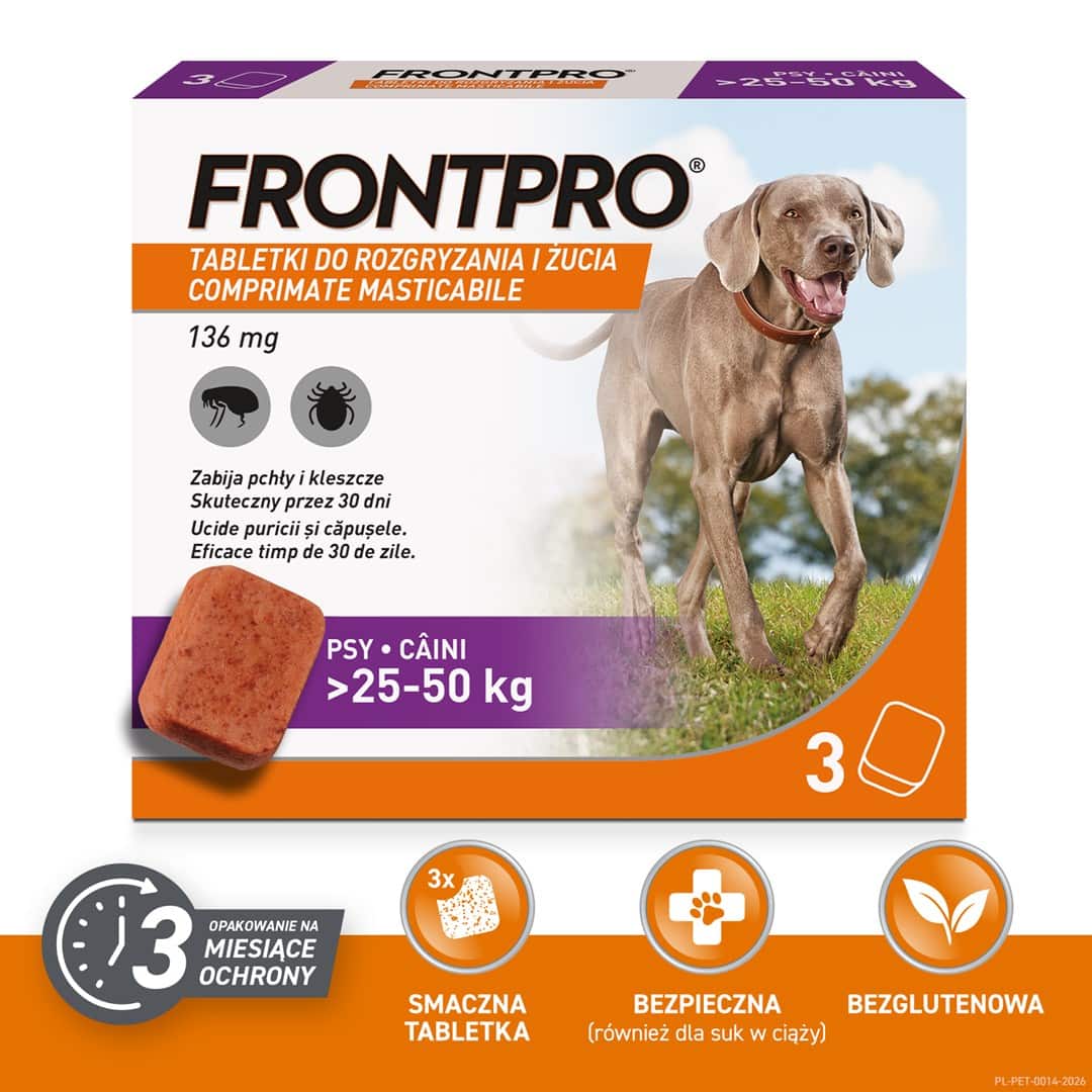 FRONTPRO Tabletki na pchły i kleszcze dla psa (>25-50 kg) - 3x 136mg — zdjęcie 1 z 7