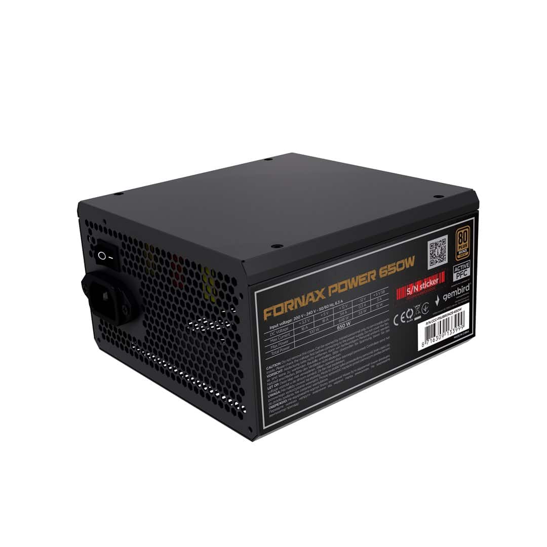 GEMBIRD ZASILACZ KOMPUTEROWY FORNAX POWER 650W 80+BRONZE ATX, 650W, AKTYWNE PFC, 12CM WENTYLATOR — zdjęcie 1 z 8