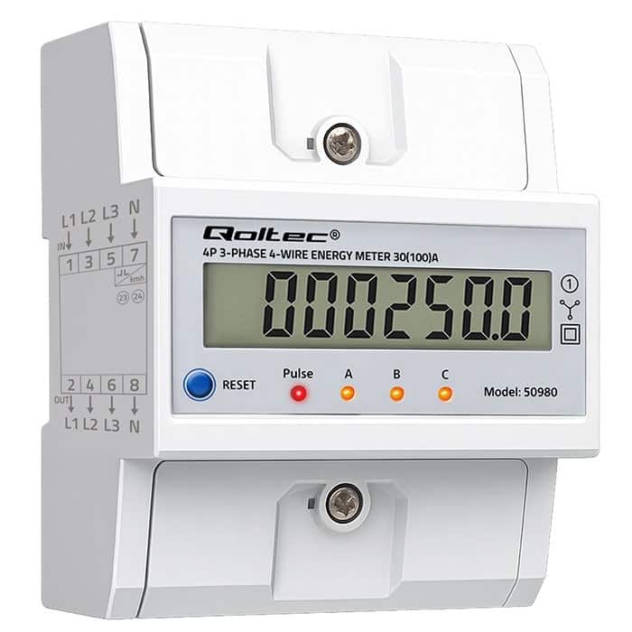 QOLTEC LICZNIK ENERGII TRÓJFAZOWY NA SZYNĘ DIN | 400V | 100A | LCD | LED | 4P — zdjęcie 1 z 8
