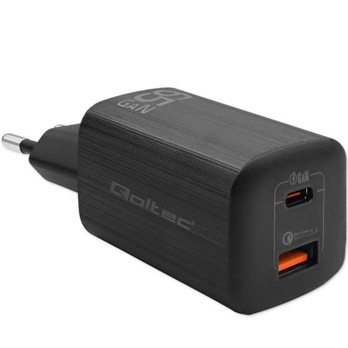 QOLTEC ŁADOWARKA SIECIOWA 65W GAN ULTRA | 5-20V | 2.25-3.25A | 1 X USB TYP C PD | 1 X USB QC 3.0 | CZARNA — zdjęcie 1 z 4