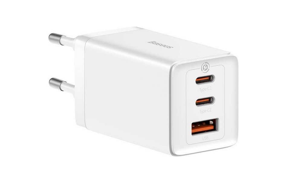 Szybka ładowarka sieciowa GaN 2xUSB C 1xUSB 65W Baseus GaN5 Pro + kabel USB C - USB C 100W - biała — zdjęcie 1 z 3