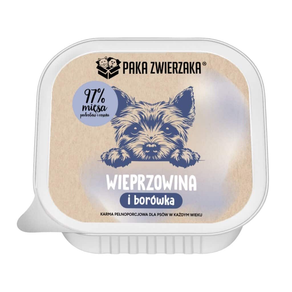 Paka Zwierzaka wieprzowina z borówką mokra karma dla psa tacka 150g — zdjęcie 1 z 3
