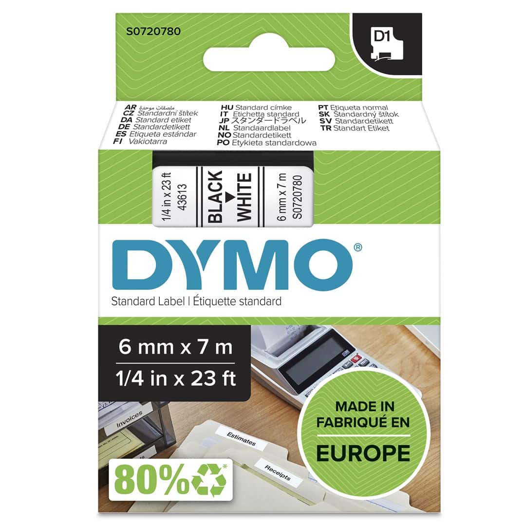 Taśma barwiąca DYMO D1 - 6mm x 7m czarny/biały S0720780 — zdjęcie 1 z 6