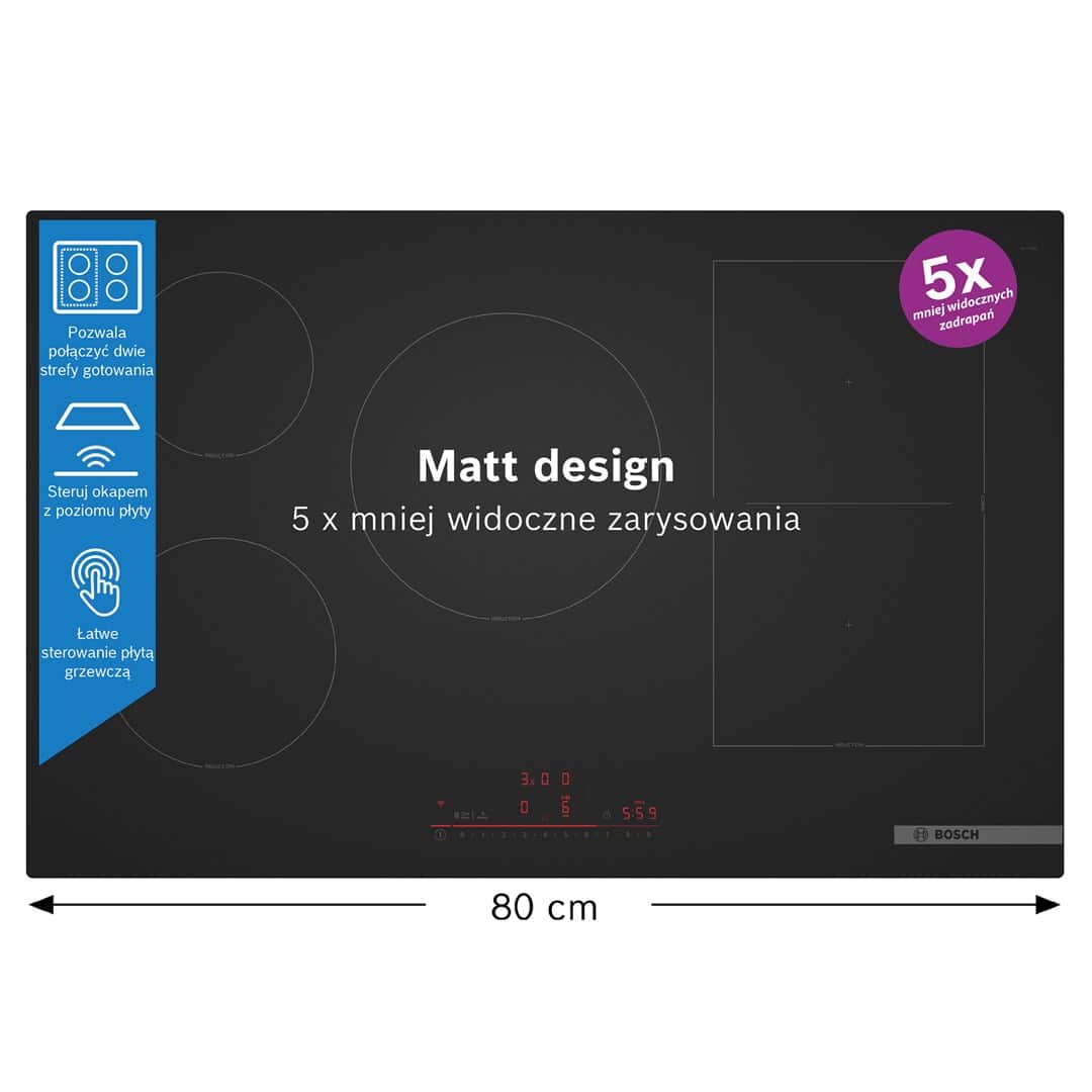 Płyta indukcyjna BOSCH PVW81CHB1E Serie 6 80 cm | PowerBoost | CombiZone | timer | czarny mat | bezramkowa — zdjęcie 1 z 8