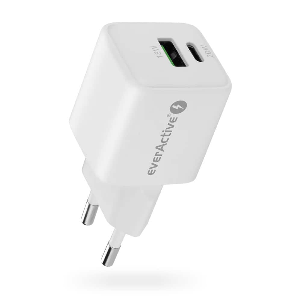 EVERACTIVE ŁADOWARKA SIECIOWA GAN 1 X USB, 1 X USB-C QUICK CHARGE 3.0 20W BIAŁA SC-330Q — zdjęcie 1 z 7