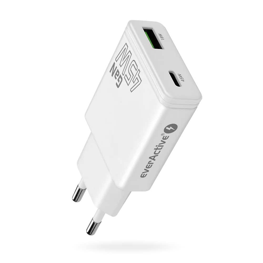 EVERACTIVE ŁADOWARKA SIECIOWA GAN 1 X USB, 1 X USB-C QUICK CHARGE 3.0 45W BIAŁA SC-460Q — zdjęcie 1 z 8