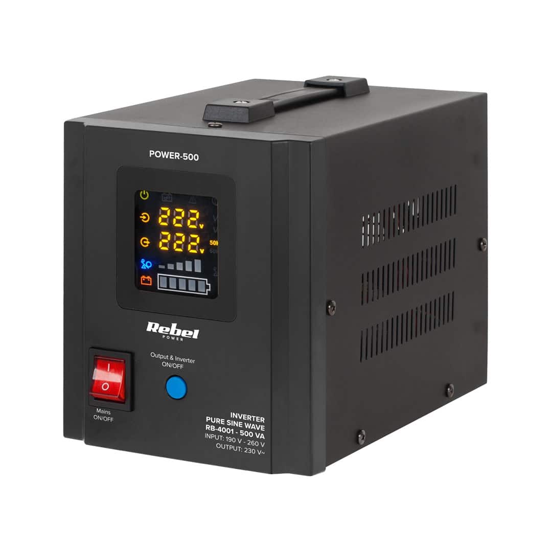 Zasilacz awaryjny Rebel POWER-500 - przetwornica z czystym przebiegiem sinusoidalnym i funkcją ładowania 12V 230V 500VA/300W — zdjęcie 1 z 4