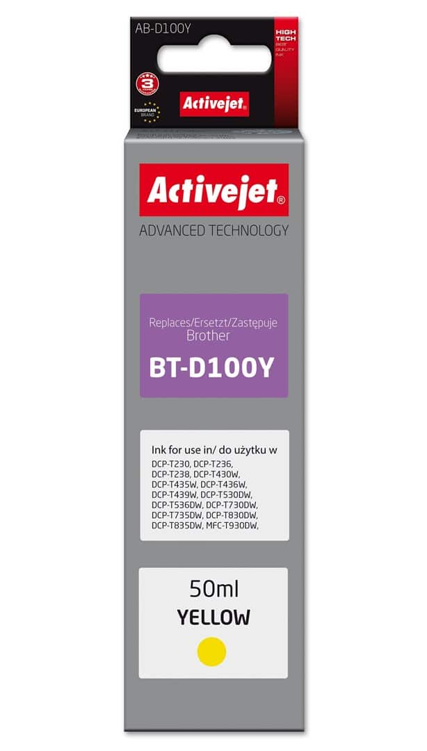 Activejet AB-D100Y Buteleczka z tuszem z atramentem (zamiennik Brother  BT-D100Y; Supreme; 50 ml; żółty)