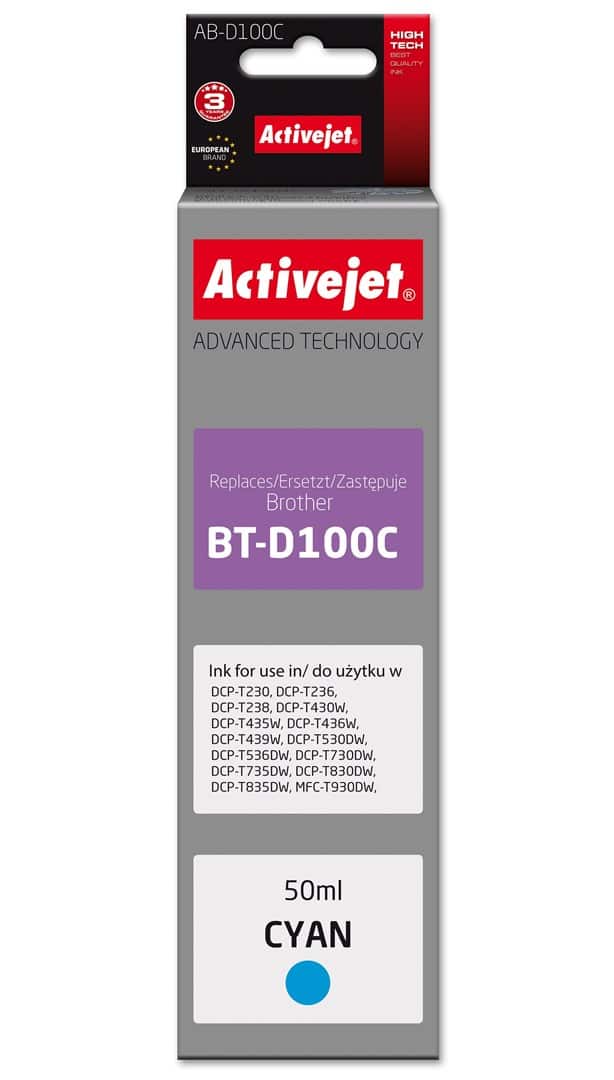 Activejet AB-D100C Buteleczka z tuszem z atramentem (zamiennik Brother BT-D100C; Supreme; 50 ml; niebieski)
