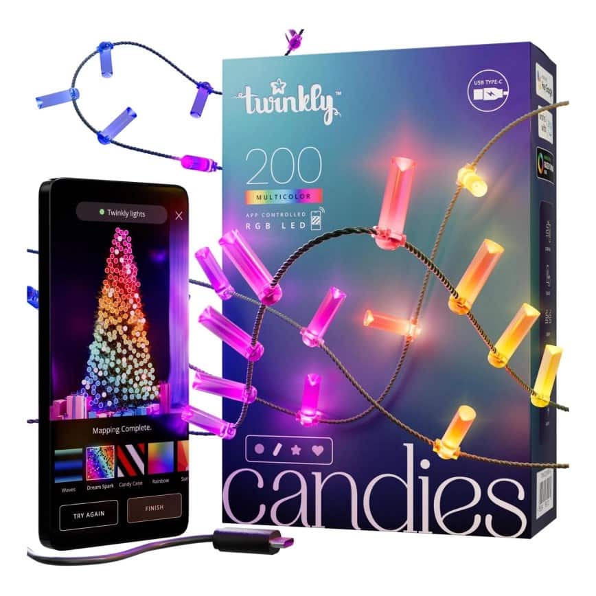 Twinkly Candies – 200 Lampki w kształcie świeczki RGB LEDs, zielony przewód, USB-C — zdjęcie 1 z 7