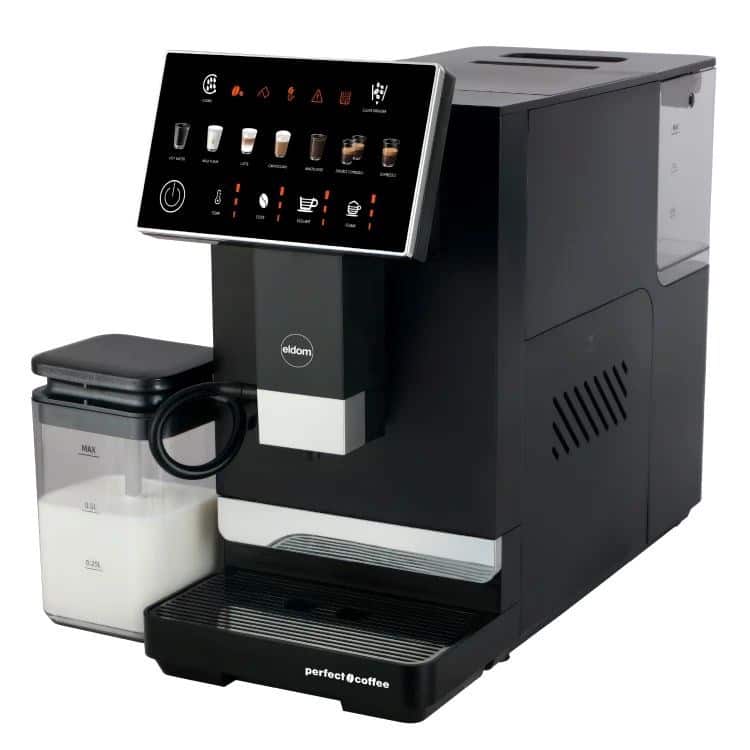 ELDOM EKSPRES CIŚNIENIOWY AUTOMATYCZNY ECA10 20 BAR 7 AUTOMATYCZNYCH PROGRAMÓW 1400W POJEMNIKI MLEKO 075 L WODA 1,5 L — zdjęcie 1 z 8