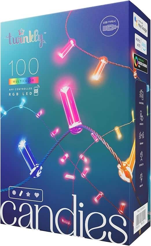 Twinkly Candies – 100 Lampki w kształcie świeczki RGB LEDs, zielony przewód, USB-C — zdjęcie 1 z 8
