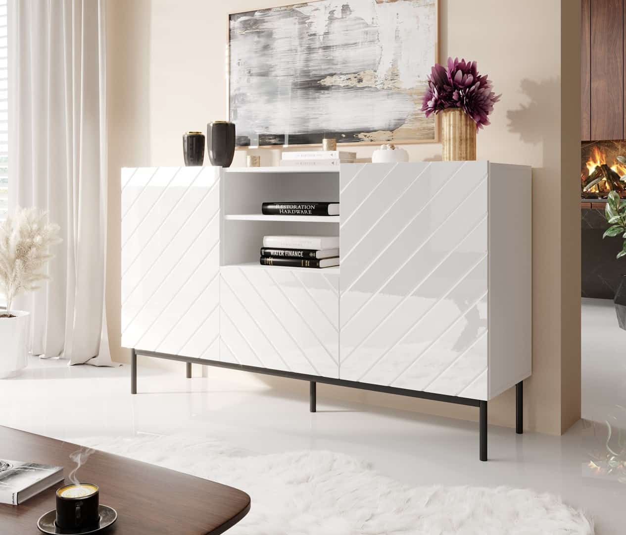Komoda ABETO 150x42x90 biały/biały połysk