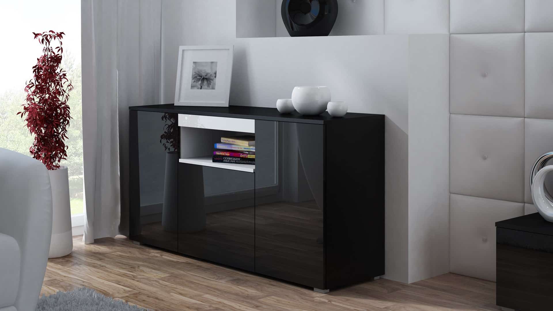Komoda VIVA 150 czarny/czarny połysk+biały