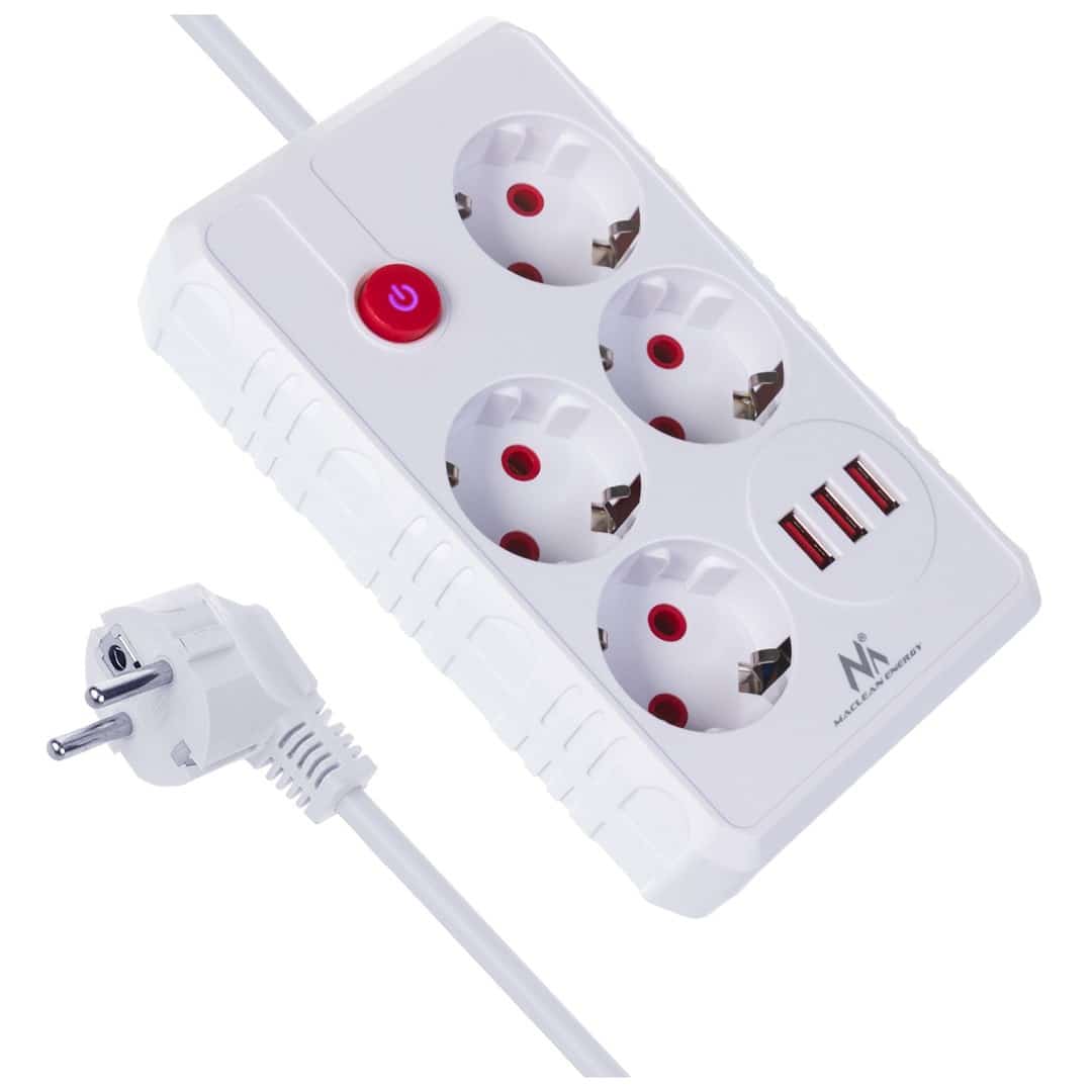 MACLEAN MCE392 W - Listwa zasilająca 4 gniazda + 3 USB, 1,5m