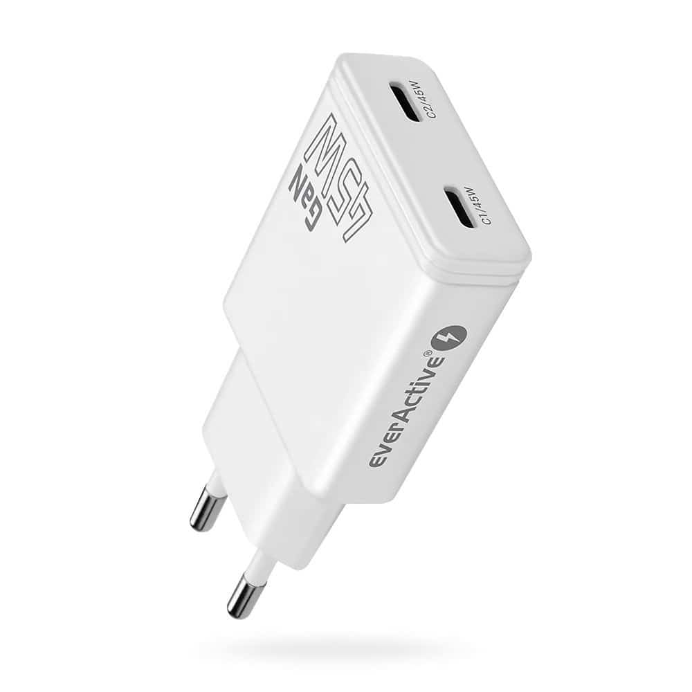 EVERACTIVE ŁADOWARKA SIECIOWA GAN SUPER SLIM 2X USB-C PD 45W BIAŁA SC-465Q
