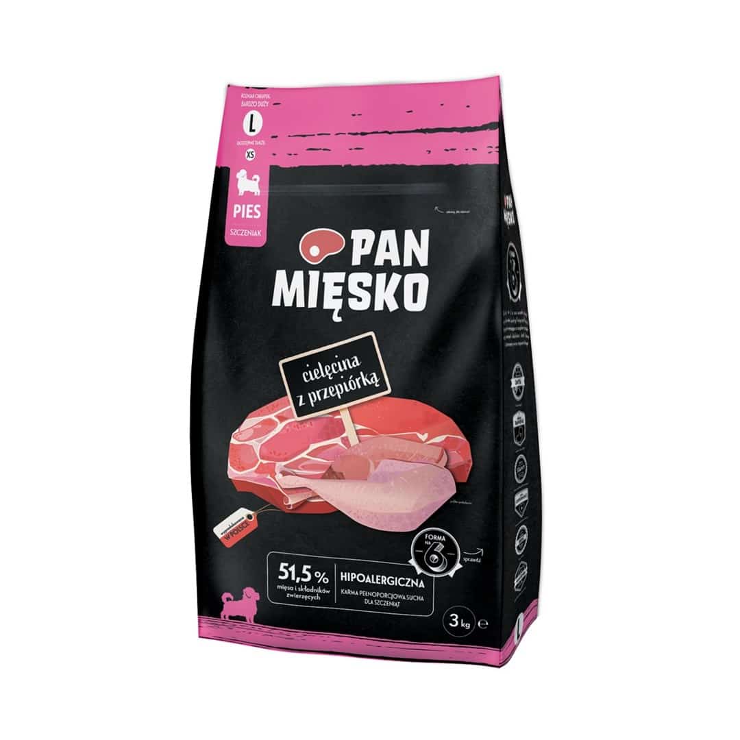 Pan Mięsko Karma sucha dla psa Cielęcina z przepiórką (szczeniak) chrupki L 3kg