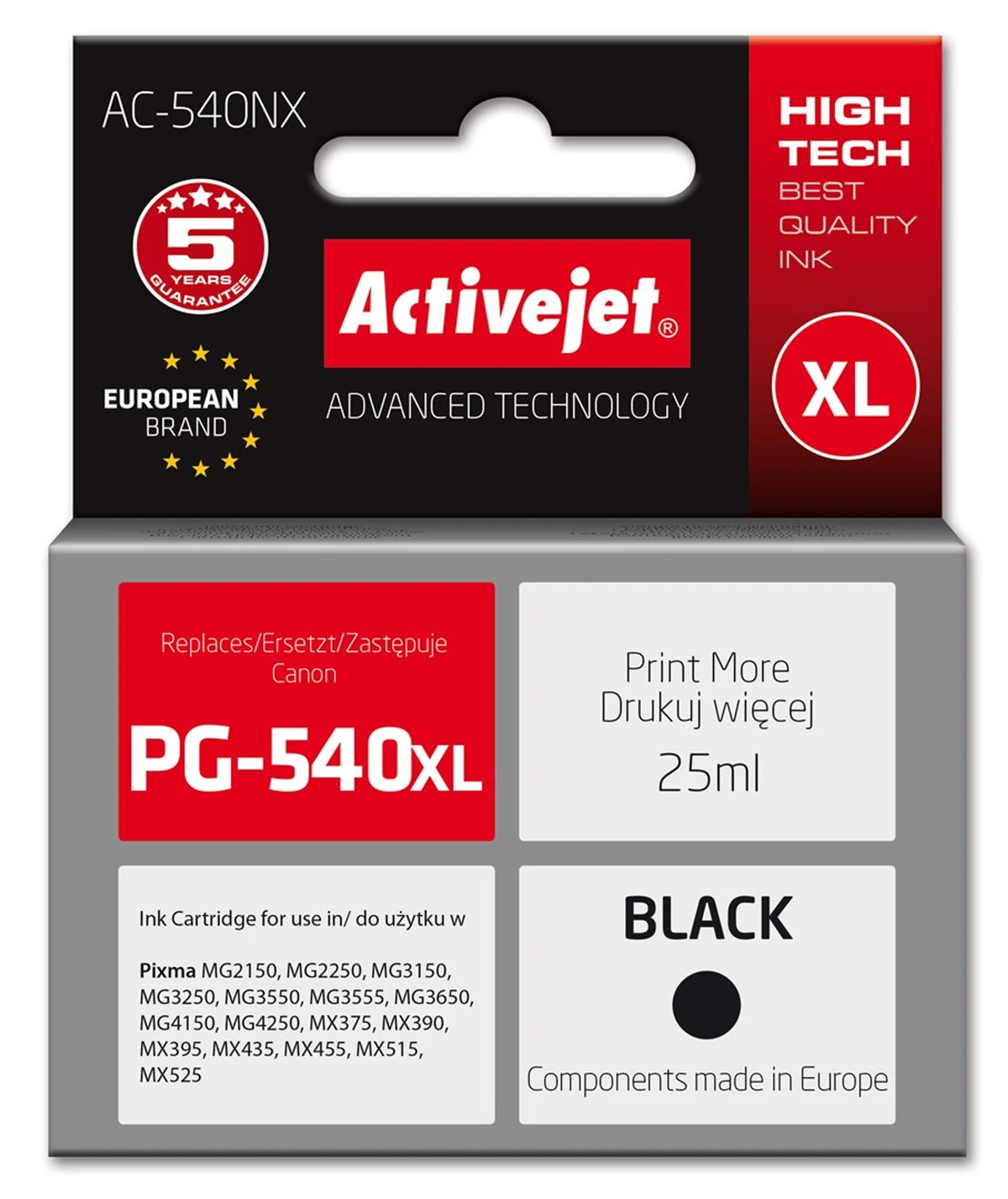 Tusz Activejet AC-540NX, Zamiennik Canon PG-540XL, 25 ml, Czarny