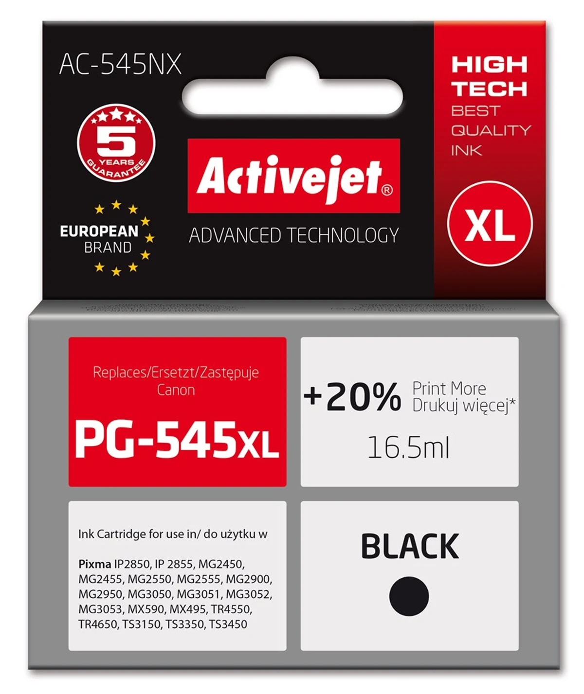 Activejet AC-545NX Tusz, Zamiennik Canon PG-545XL, 16,5ml, Czarny