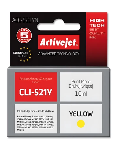 Tusz zamiennik Activejet ACC-521Y do drukarek Canon CLI-521Y