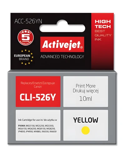 Tusz Activejet ACC-526Y, Zamiennik Canon CLI-526Y, 10 ml