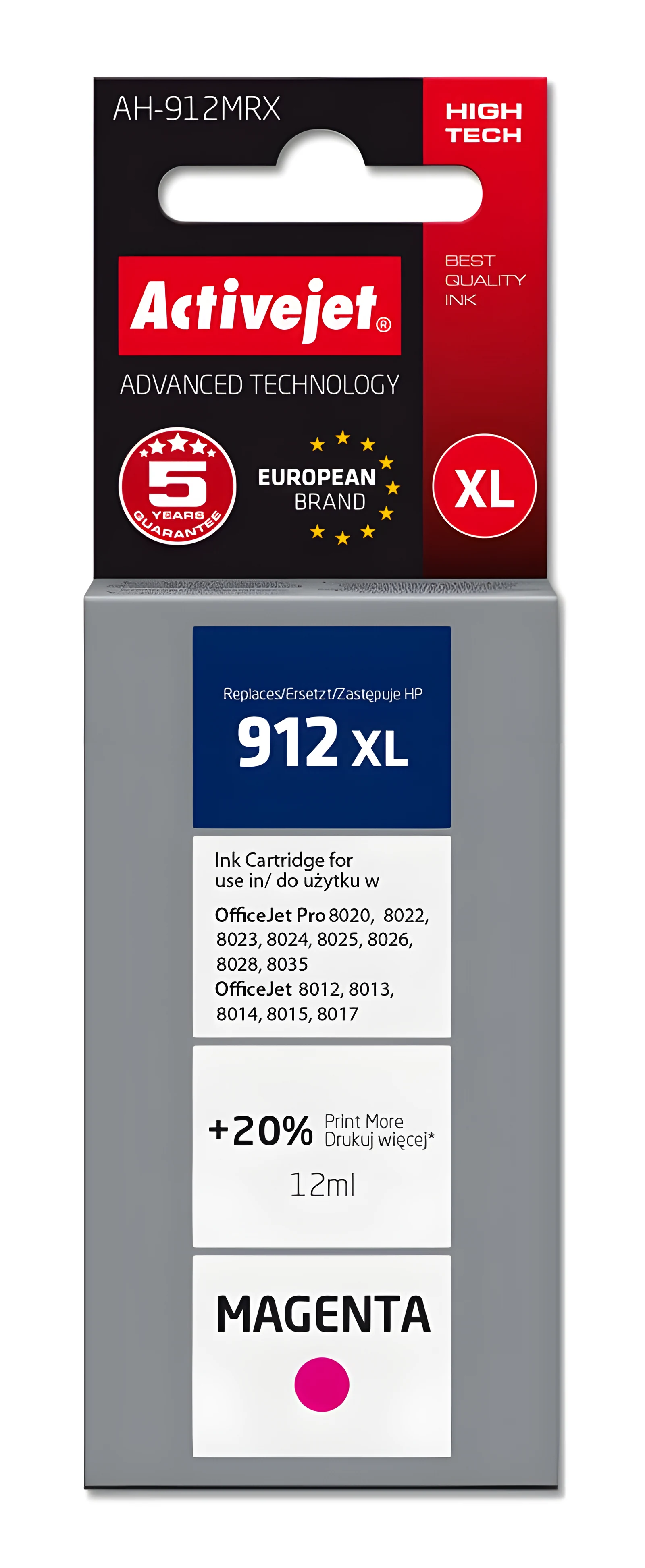 Tusz kompatybilny Activejet AH-912MRX, 12 ml, czerwony (do drukarek HP)