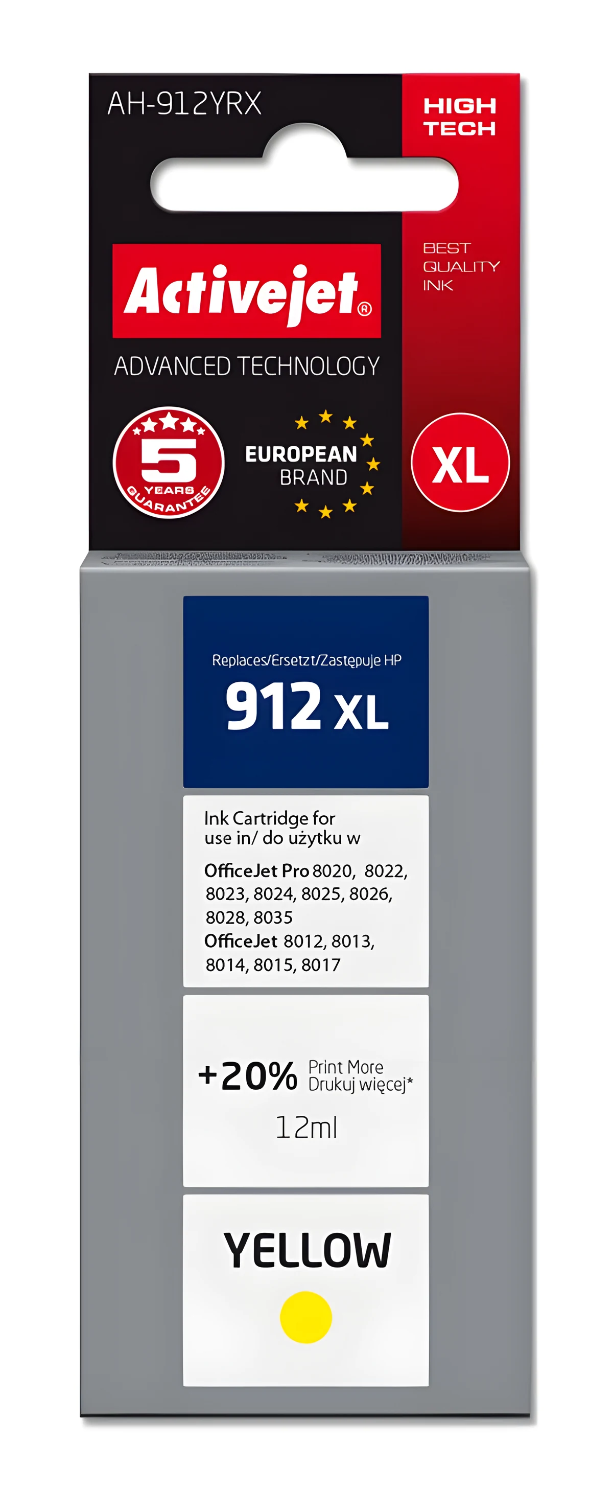 Activejet AH-912YRX Tusz, 12 ml, Żółty, Kompatybilny z HP OfficeJet Pro