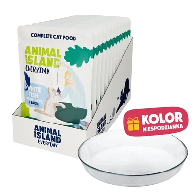 Mokra karma dla kota ANIMAL ISLAND Biała ryba w filecie 12x85g z talerzykiem