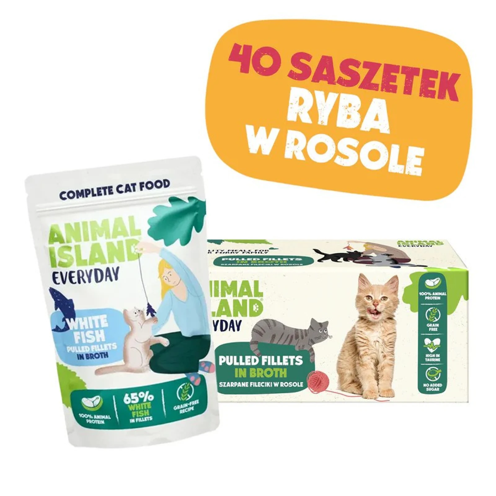 Mokra karma dla kota ANIMAL ISLAND - biała ryba w rosole, 40 saszetek po 85g — zdjęcie 1 z 4