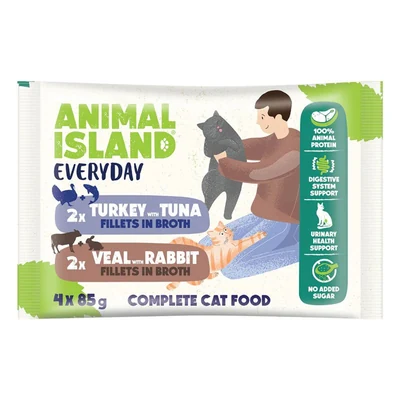Mokra karma dla kota ANIMAL ISLAND - cielęcina, królik, indyk, tuńczyk, 4 saszetki po 85g