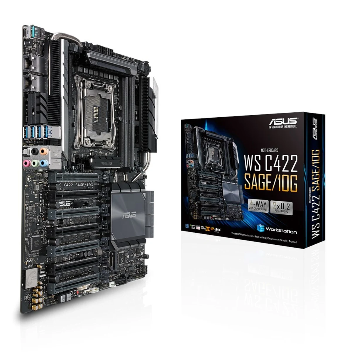 ASUS WS C422 SAGE/10G, Intel C422, 1x Intel Socket 2066, 8x DDR4 2666 RDIMM/LRDIMM, 7 x PCIe 3.0, VIDIA 4-Way SLI/AMD 4-Way CrossFireX, 1x M.2 Socket 3, 8x SATA, 2x U.2, 2 x 10Gb Intel X550-AT2, Realtek ALC S1220A 7.1, 6x USB 3.1 Gen 1, 3x USB 3.1 Gen 2,