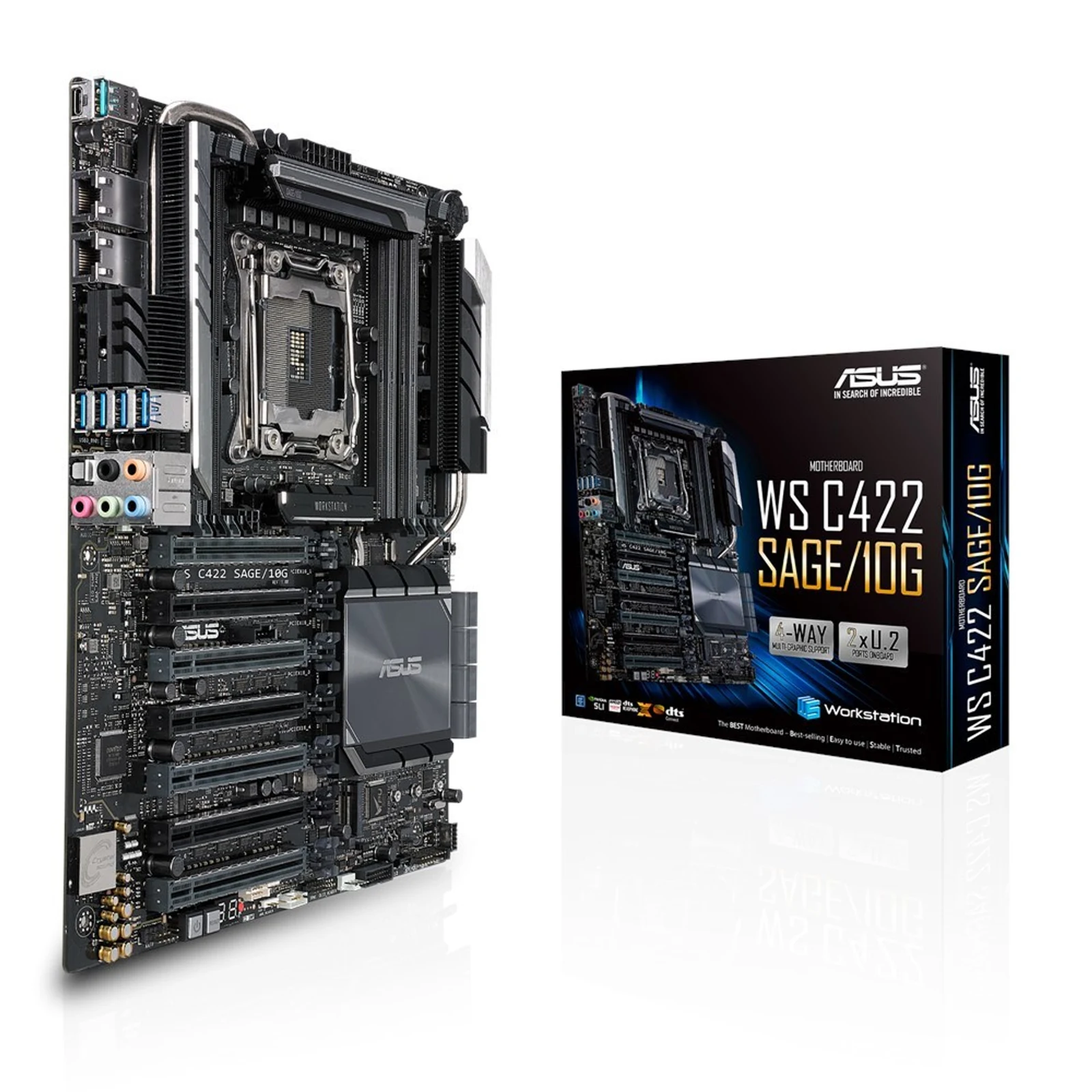 ASUS WS C422 SAGE/10G, Intel C422,  1x Intel Socket 2066, 8x DDR4 2666 RDIMM/LRDIMM, 7 x PCIe 3.0, VIDIA 4-Way SLI/AMD 4-Way CrossFireX, 1x M.2 Socket 3, 8x SATA, 2x U.2, 2 x 10Gb Intel X550-AT2, Realtek ALC S1220A 7.1, 6x USB 3.1 Gen 1, 3x USB 3.1 Gen 2, — zdjęcie 1 z 8