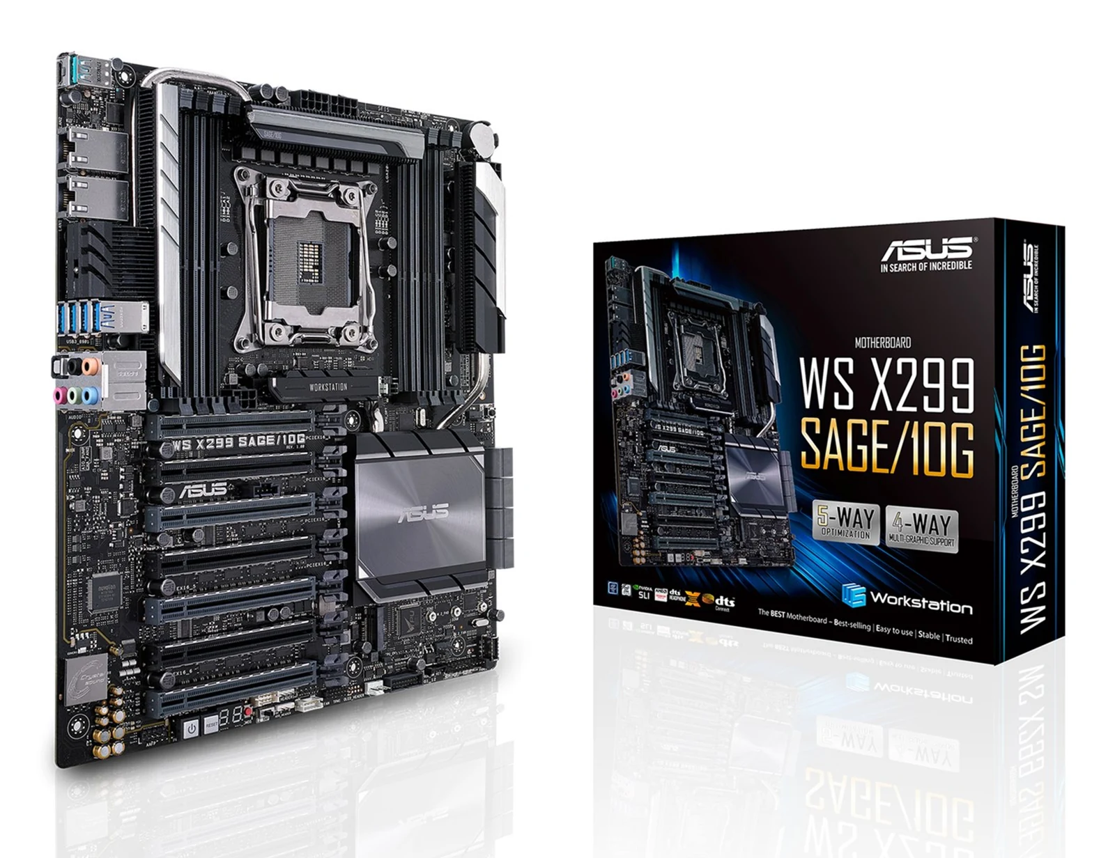 Płyta główna serwerowa ASUS WS X299 SAGE/10G, Intel X299, 8 slotów DDR4 4200(O.C.)/2933 Non-ECC, 7x PCIe 3.0, 2x M.2, 8x SATA, — zdjęcie 1 z 6