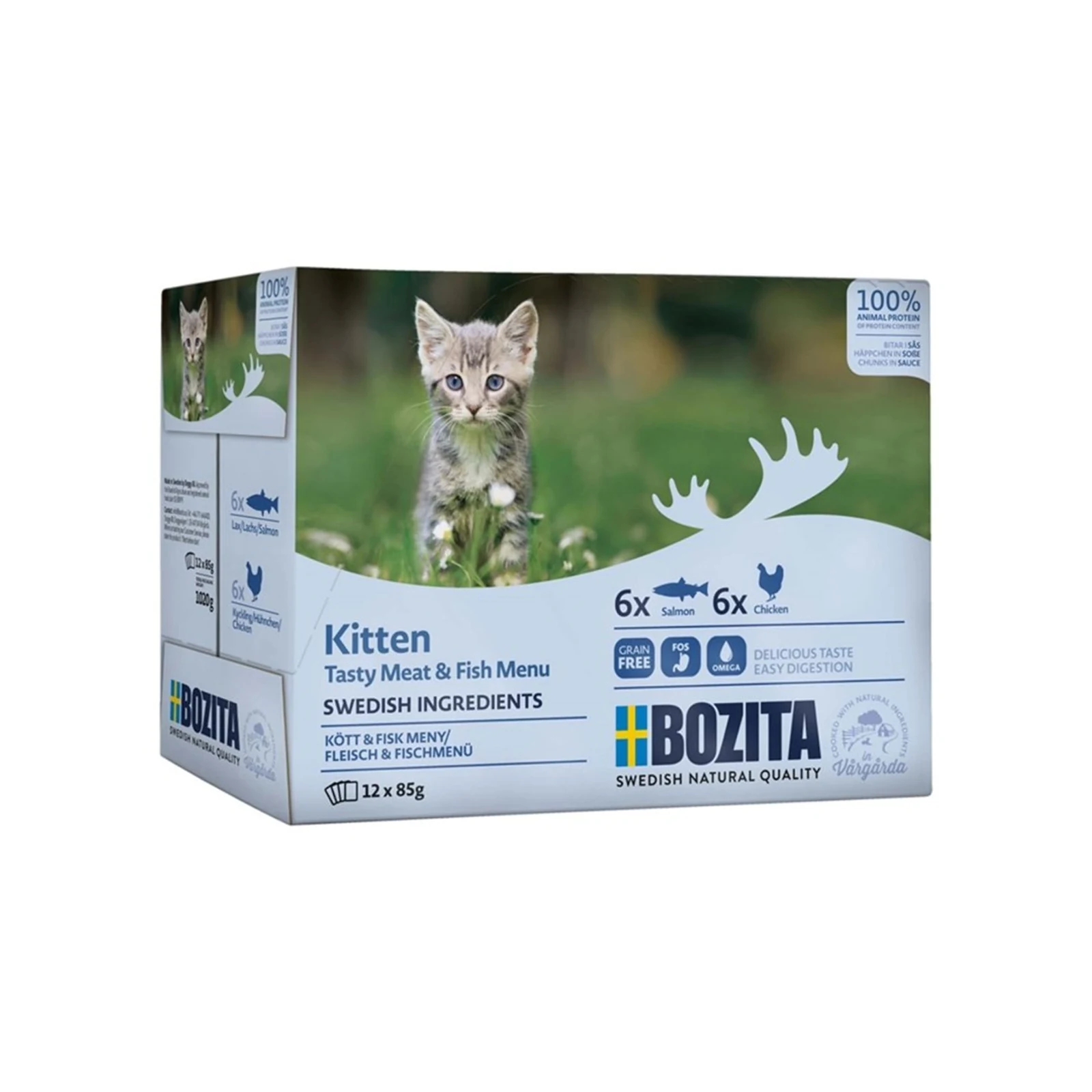 Mokra karma dla kociąt Bozita Chunks w sosie z rybą i mięsem, zestaw 12x85g