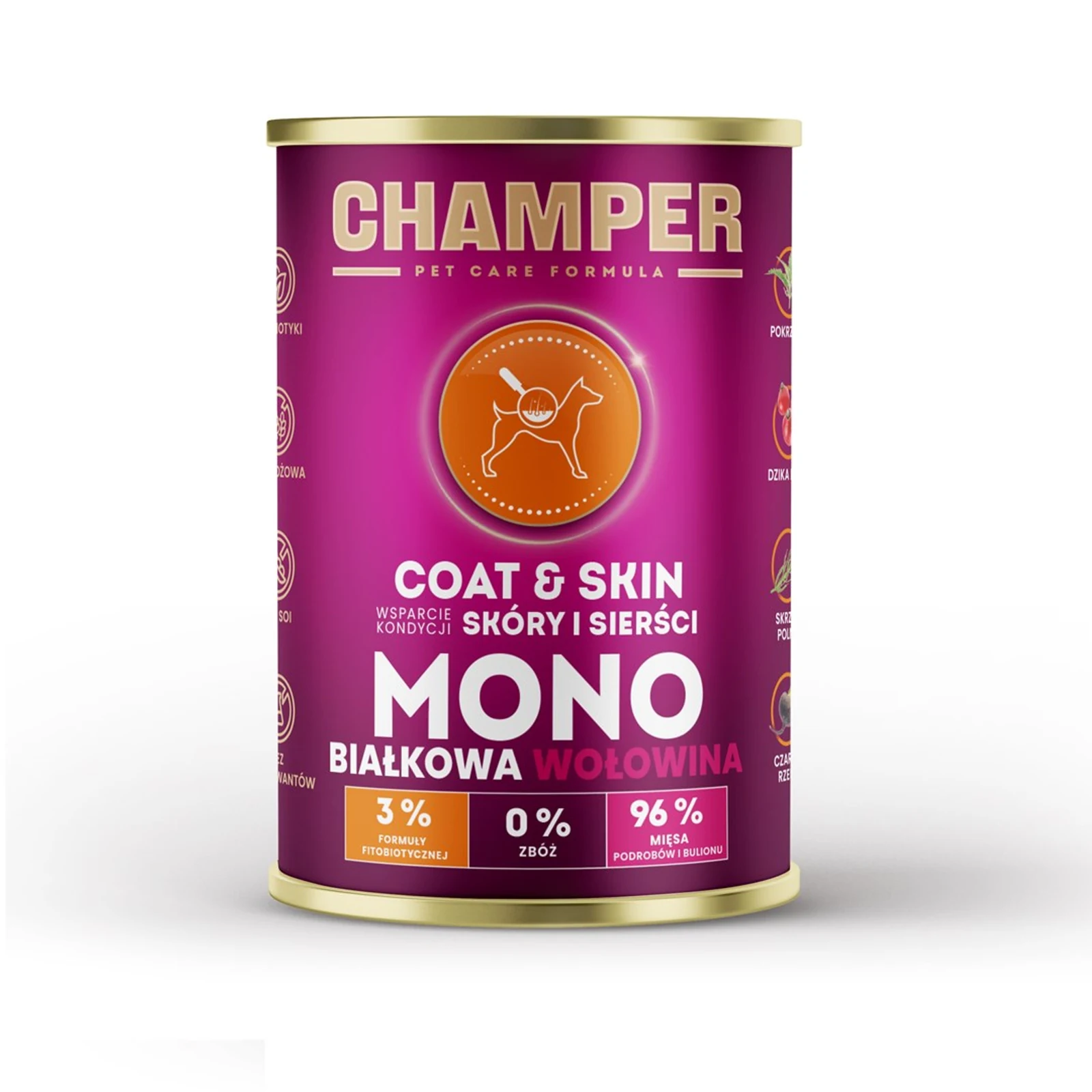 Mokra karma dla psa Champer Coat&Skin, monobiałkowa z wołowiną, 400g