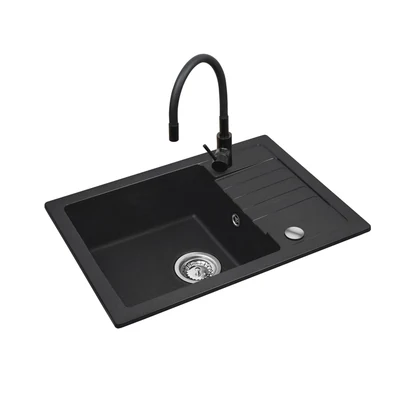 Czarny zestaw zlewozmywak z baterią giętką - zlew MAIDSINKS BALI (62x44) 1B1D czarny + bateria Flessi Black Edition czarna