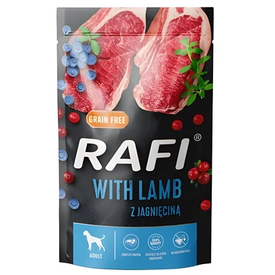 Mokra karma dla psa Dolina Noteci Rafi z jagnięciną, borówką i żurawiną 500g