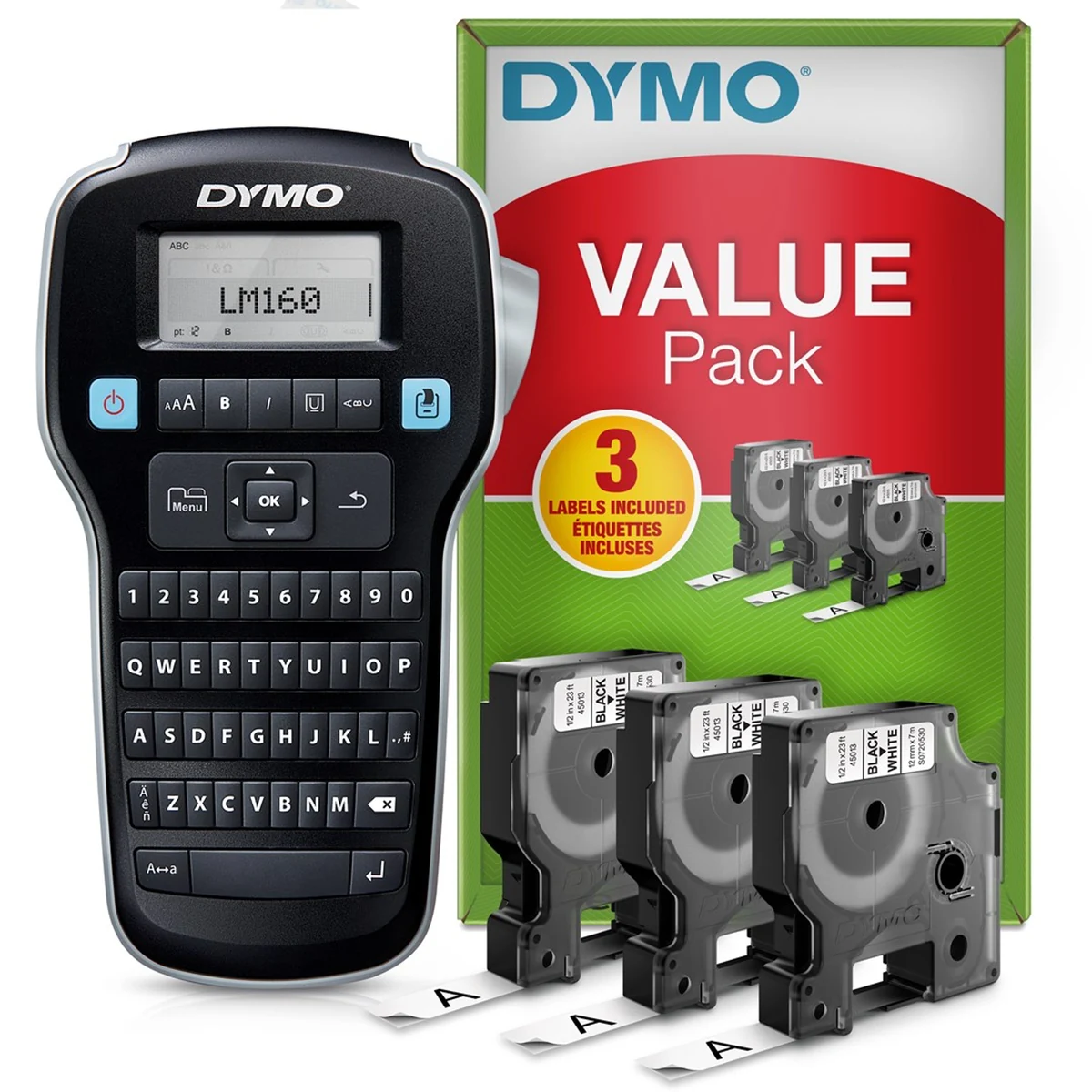 Drukarka etykiet Dymo LM 160 Value Pack +3xS0720530 taśma D1 czarna/biała 12mm (OUTLET)