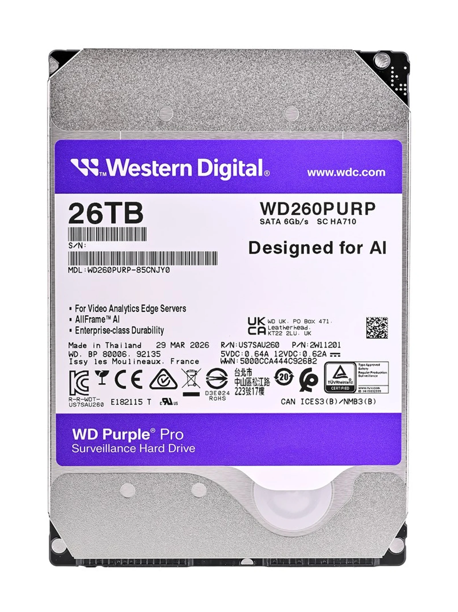 Dysk HDD WD Purple Pro 26 TB, 7200 obr/min — zdjęcie 1 z 3