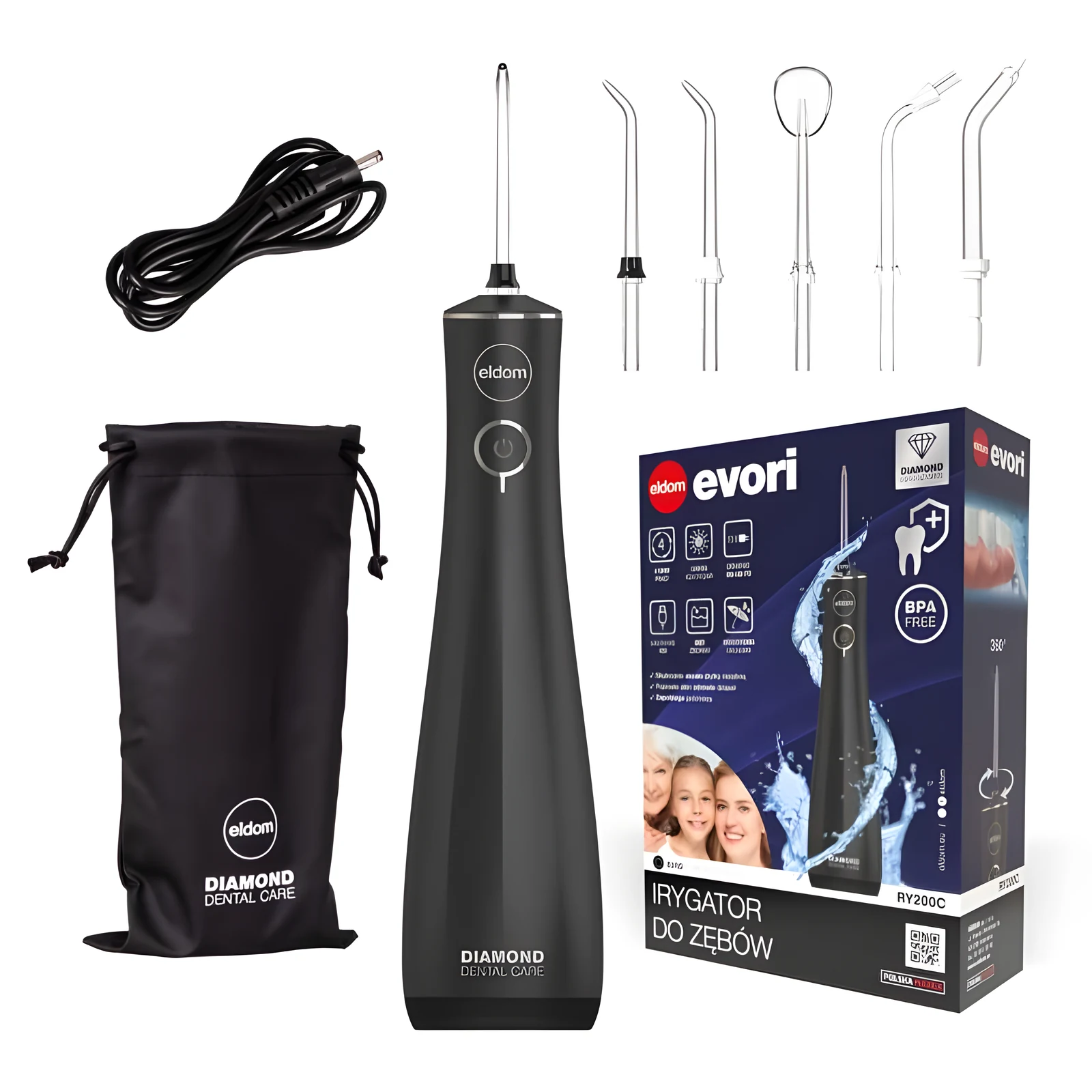 ELDOM IRYGATOR RY200C 230 ML BEZPRZEWODOWY, CZAS PRCY 60 MIN. CZAS ŁADOWANIA OK. 6 H ,ETUI PODRÓŻNE, PRZEWÓD USB, IPX7 CZARNY — zdjęcie 1 z 8