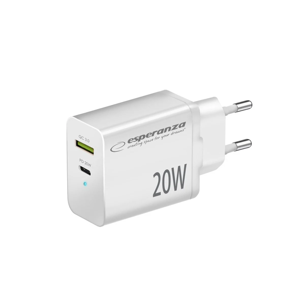 ESPERANZA ŁADOWARKA SIECIOWA 20W USB-C PD 20W / USB-A QC 3.0 18W BIAŁA
