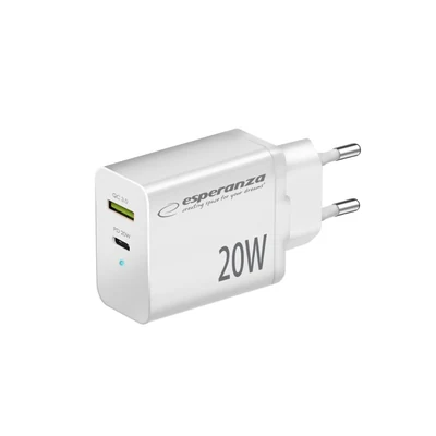 Ładowarka sieciowa Esperanza 20W USB-C PD + USB-A QC 3.0, biała