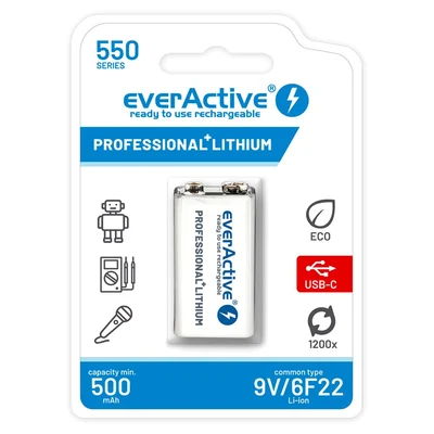 EVERACTIVE AKUMULATOREK 6F22/9V LI-ION 550 MAH Z USB TYP C