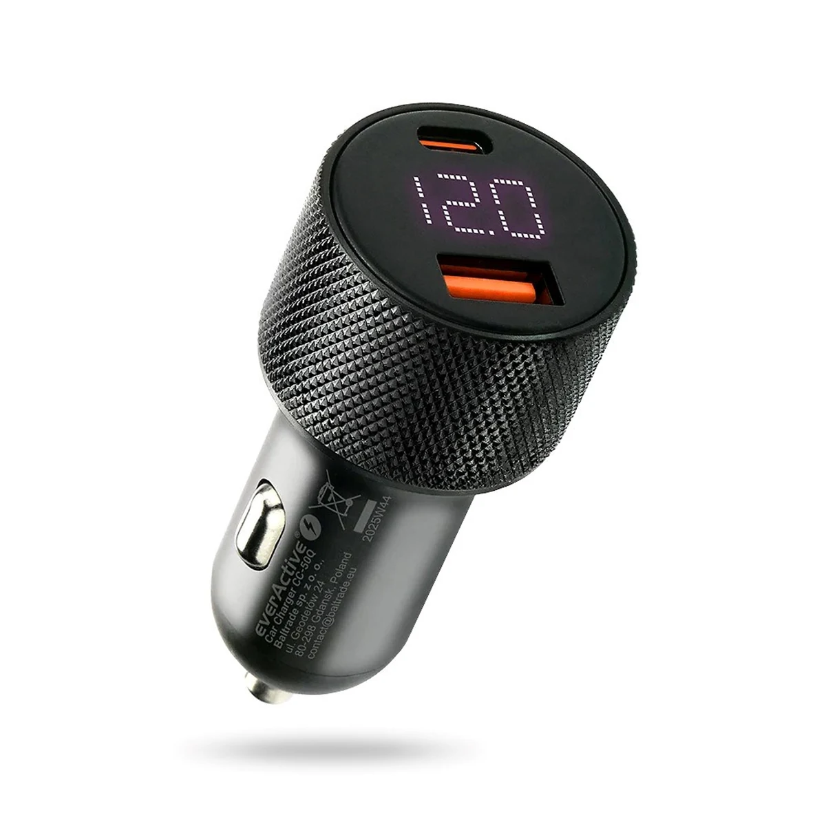 Ładowarka samochodowa EVERACTIVE CC-50Q, 2 porty (USB-C PD 75W + USB QC3.0), czarna