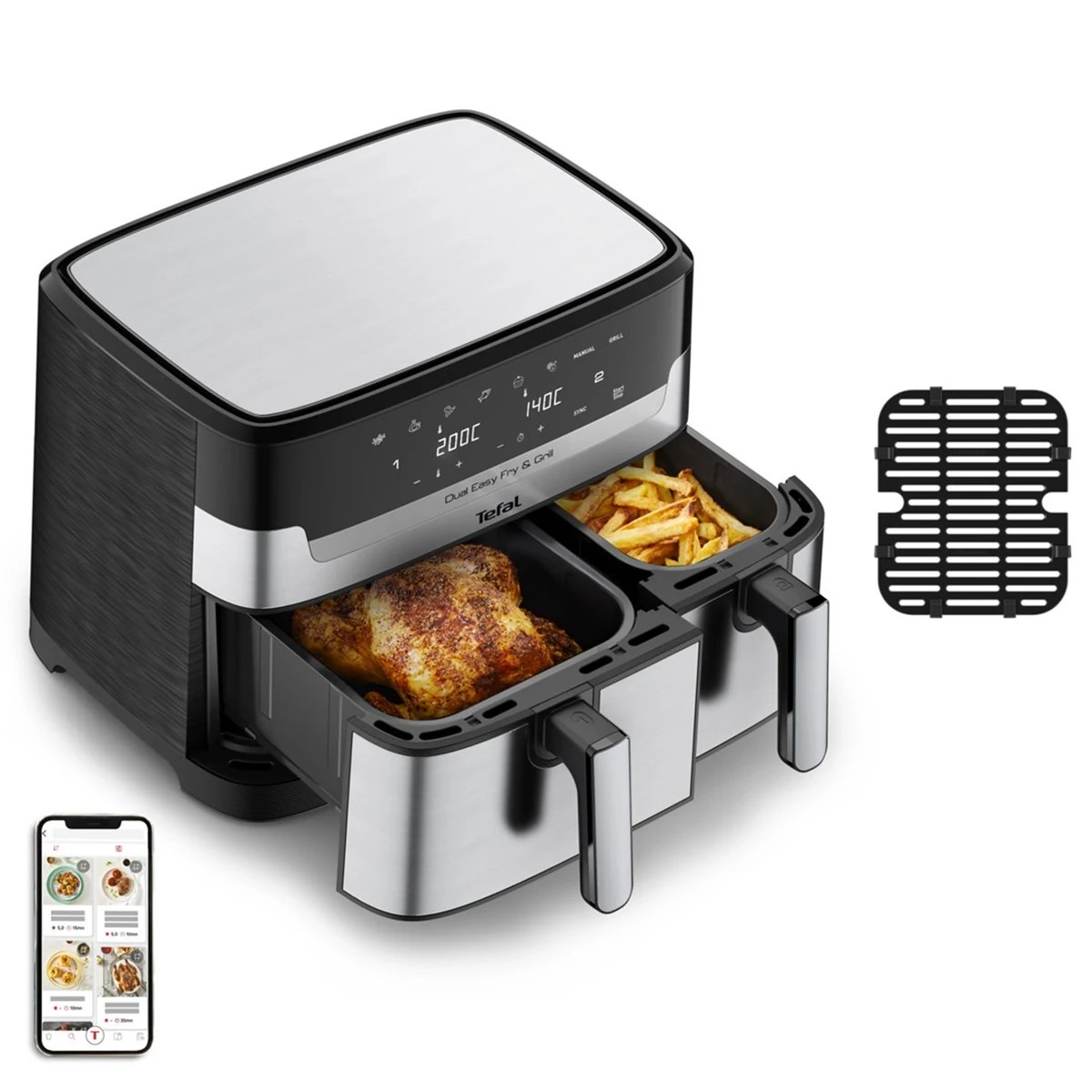 Frytkownica beztłuszczowa TEFAL DualEasy EY905D10 - 2700W, 8,3l