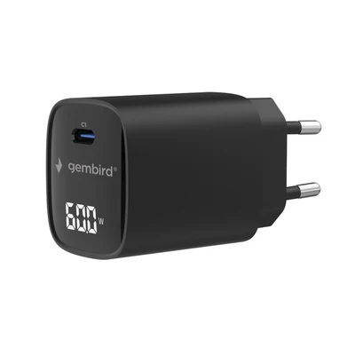 Ładowarka sieciowa Gembird, 1-portowa, szybka (PD), USB-C, 60W, z wyświetlaczem LCD, czarna