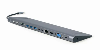 Wielofunkcyjny Adapter USB-C 9w1 Gembird (Hub USB + HDMI + VGA + PD + Czytnik Kart + LAN + Audio 3,5 mm) - Szary