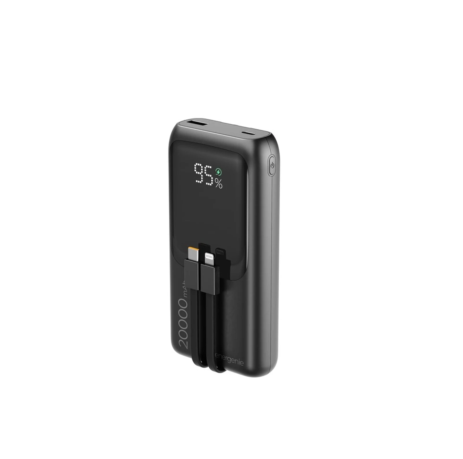 Powerbank Gembird 20000mAh, szybkie ładowanie 20W, wyświetlacz LCD, zintegrowane kable, czarny — zdjęcie 1 z 7