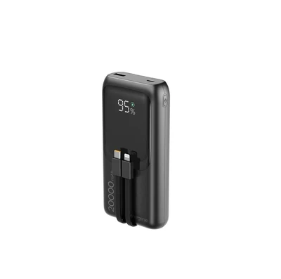 Powerbank Gembird 20000mAh, szybkie ładowanie 20W, wyświetlacz LCD, zintegrowane kable, czarny